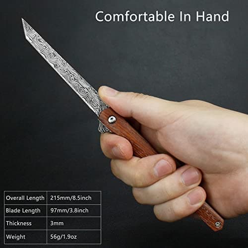 Double Action Pocket Knife with Damascus Pattern D2 Stainless Blade, Wood Handle, Leather Sheath