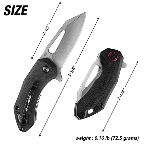 Flissa Mini Pocket Knife, 2.5" D2 Blade, G10 Handle, Black, EDC Knife for Outdoors