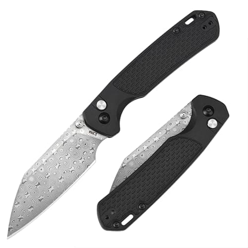 CJRB Pyrite-Light Pocket Knife, 3.34" AR-RPM9 Steel EDC Knife, Green, J1945 — Damascus Steel/Black
