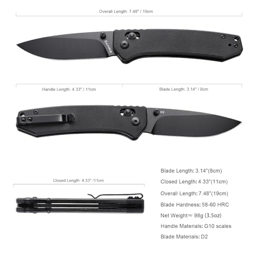 D2 Steel Reversible Clip Pocket Knife: 3.14" Black Drop Point, G10 Handle, Axis Lock, Ideal for Camping