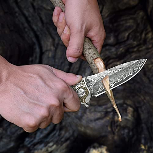 AUBEY Damascus Pocket Knife with Abalone Handle, Leather Sheath, Ideal for Everyday Carry