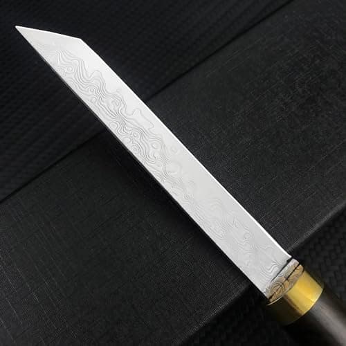 Damascus Tanto Knife, 6.3 Inch Fixed Blade, Mini Katana, Ebony Handle