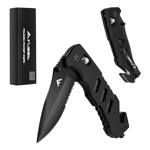 FLISSA Folding Pocket Knife: Clip, Glass Breaker, Seatbelt Cutter, Emergency Rescue Survival Knife — Black