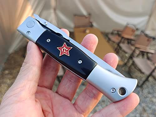 Finka-NKVD KGB Folding Pocket Knife, 3.74" X12M Steel Blade, Aviation Aluminum Handle (Beige)