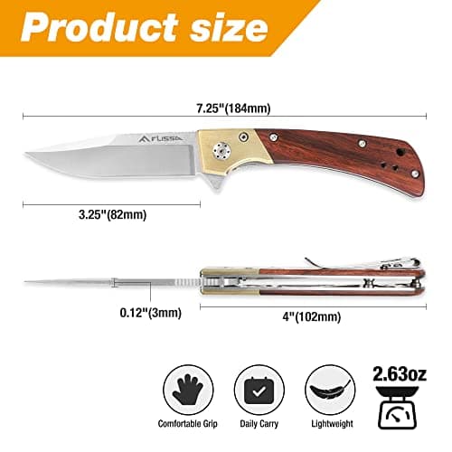 FLISSA Pocket Knife, D2 Steel Blade, Ball Bearing, Copper & Wood Handle, Liner Lock, EDC Perfect