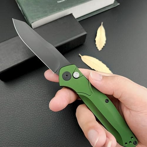 Assisted Opening Knife, D2 Blade, Push Button, Green Aluminum Handle (Deep Carry Pocket Clip)