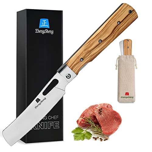 4.8" Sharp 440A Stainless Steel Folding Chef Knife with Wood Handle for Outdoor Cooking — #1 Natural Olive Handle