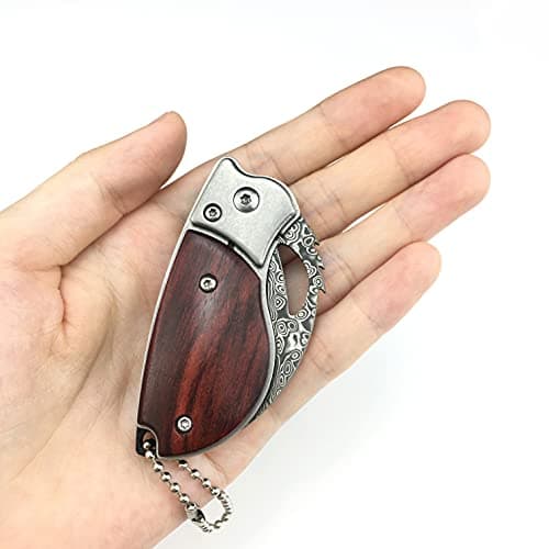 HUAAO 4.6’’ Damascus Pocket Knife with Wood Handle, Liner Lock, Keychain, Men's Outdoor Gift