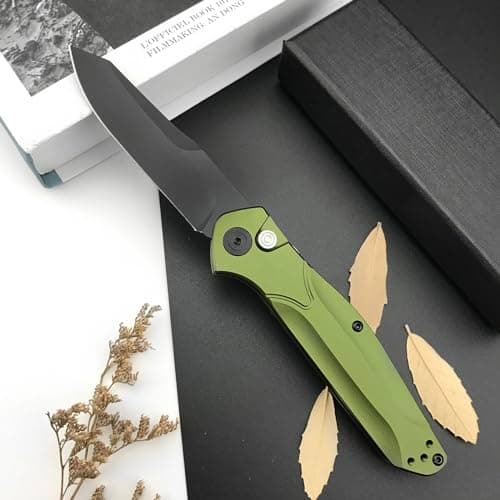 HUAAO EDC Pocket Knife, 3.15 Inch D2 Blade, Green Aluminium Handle, Camping Folding Knife for Men