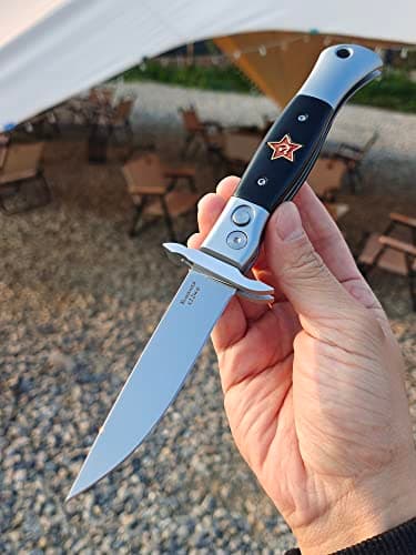 Finka-NKVD KGB Folding Pocket Knife, 3.74" X12M Steel Blade, Aviation Aluminum Handle (Beige) — Black handle