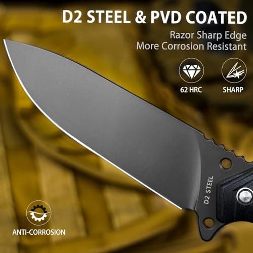 LOTHAR BAT Survival Knife with Fire Starter - D2 Steel Fixed Blade, G10 Handle, Tactical Camping & Bushcraft Knife with Kydex Sheath, Perfect Gift for Men