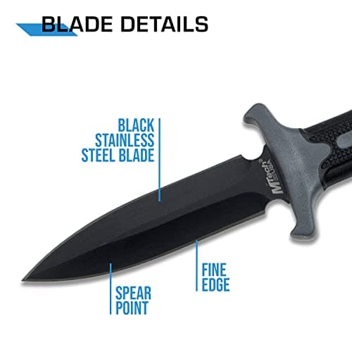 MTECH USA Black Neck Knife - Black Blade, Grey Handle, Nylon Sheath & Chain - Hunting, Camping, Survival, Tactical - MT-