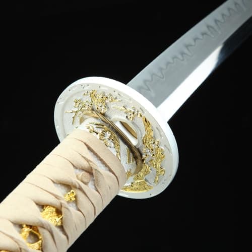 Handmade Full Tang Clay Tempered T10 Steel Japanese Katana (Wakizashi) Real Hamon Samurai Sword (Brown & White)