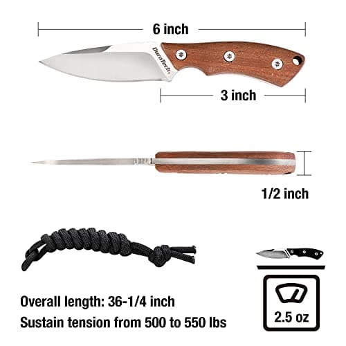 DURATECH Compact 6-inch Neck Knife with Wood Handle & Sheath, EDC, Outdoor, Camping, Hiking