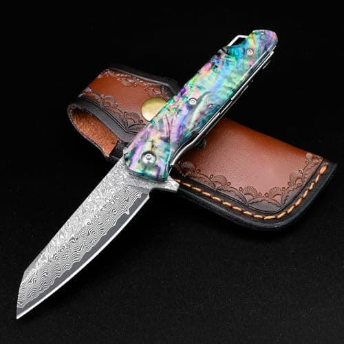 KOMWERO Damascus Steel Pocket Knife, VG10 Blade, 3.34" Length, Hunting Knife — E-Abalone Handle