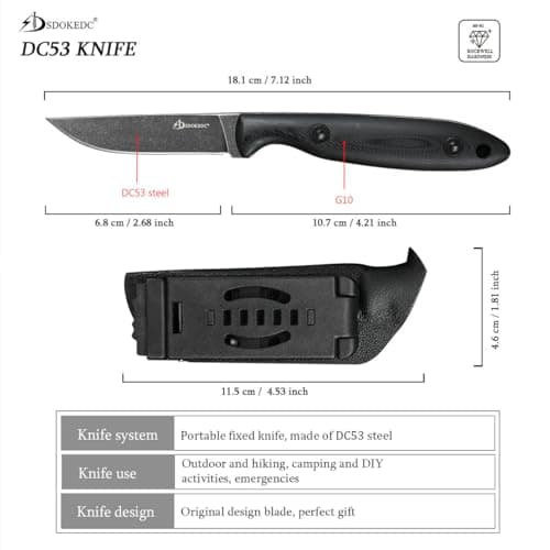 DC53 Steel Tactical Fixed Blade Knife with Kydex Sheath for Men EDC (Black G10 Handle)