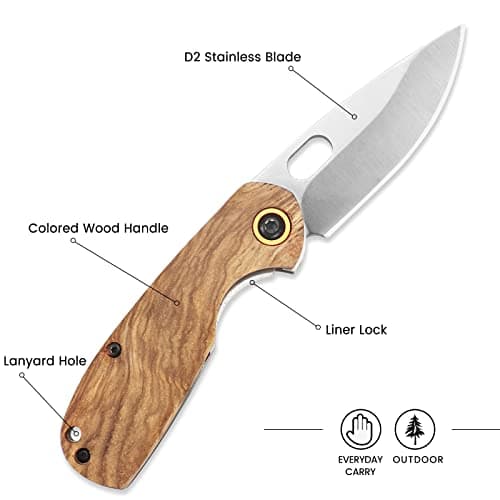 Kitory 2.7" EDC Folding Knife, D2 Stainless Steel, Wood Handle, Lanyard Hole, 2023 Gift