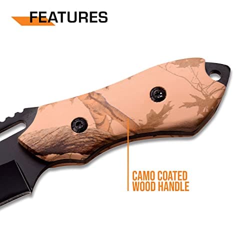 Elk Ridge Fixed Blade Knife - 3-in Black Stainless Steel, Camo Coated Wood Handle, 1680D Nylon Sheath