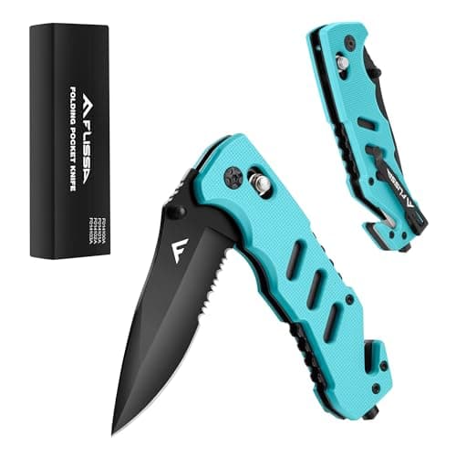 FLISSA Folding Pocket Knife: Clip, Glass Breaker, Seatbelt Cutter, Emergency Rescue Survival Knife — Blue