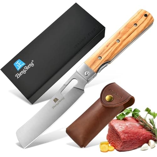 4.8" Sharp 440A Stainless Steel Folding Chef Knife with Wood Handle for Outdoor Cooking — #3 Natural Olive Handle - Leather Pouch