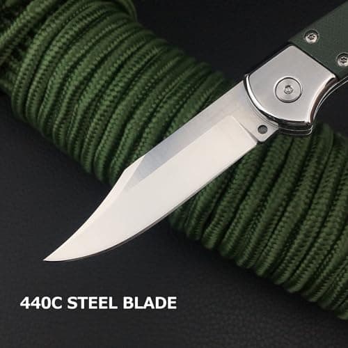 HUAAO 7.3 Inch Lock Back Knife with G10 Handle & Leather Sheath (Green)