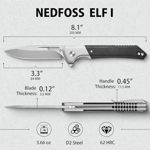 NedFoss D2 Blade Pocket Knife, 3.3", G10 Handle, Flipper Open, Deep Carry Clip