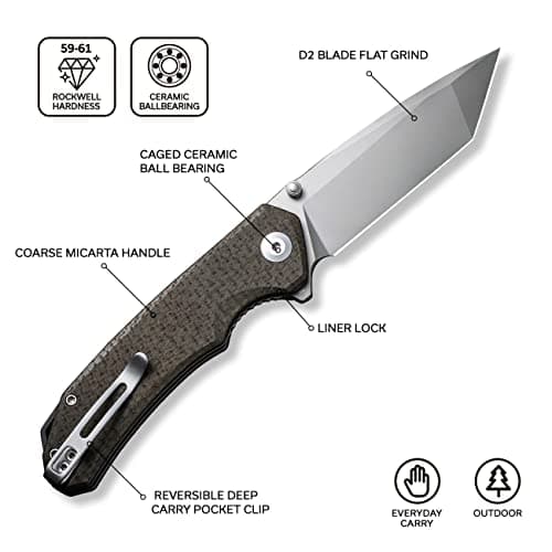 CIVIVI Brazen Pocket Knife, 3.5-Inch Tanto D2 Blade, Micarta Handle Camping Knife