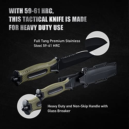 10" Military Green Stainless Steel Survival Knife with Sheath & Clip for Camping, Hunting, & Outdoors