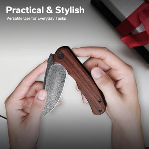 CIVIVI Damascus Blade Foldable Knife, 2.98" Guibourtia Wood, Ideal for Camping and Hiking C18026C-DS1