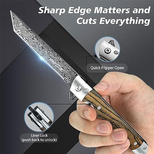 3.5 Inch Tanto Pocket Knife, Stainless Steel, Wooden Handle