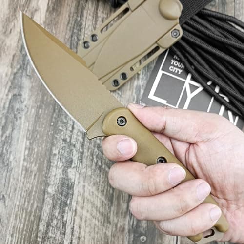 HUAAO D2 Steel Harpoon Knife, 9.1 Inch Fixed Blade for Camping, Hunting, Survival (Tan)