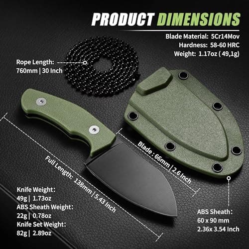 P-DA 5.5" Neck Knife, 2.8" 5Cr14MoV Stainless Steel, Mini EDC for Men, Green Sheath Included