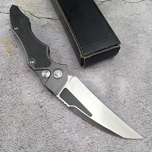 8.9'' Button Lock Folding Pocket Knife, D2 Blade Steel, Carbon Fiber Handle, Gray, EDC for Camping and Hunting