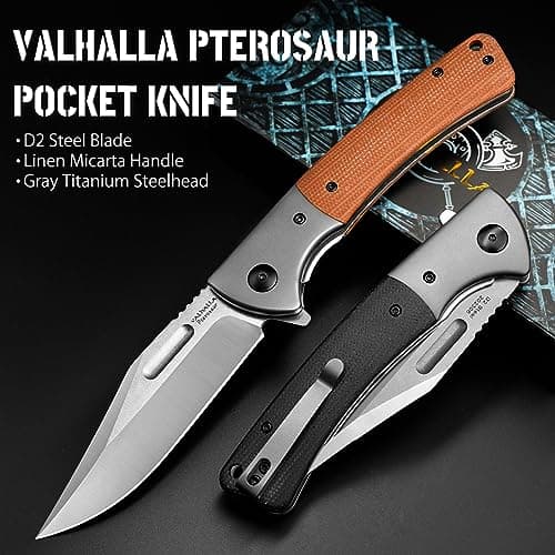 Valhalla Pterosaurs D2 Steel Pocket Knife, Men's Hunting Gift (BLACK)