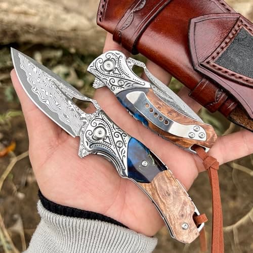 VNLA Damascus Folding Pocket Knife: Resin Maple Leaf Handle, Leather Case, Hiking EDC