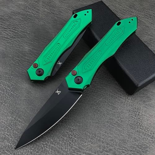 EDC Folding Knife for Men, Button Lock, 3.35in 9Cr18MoV Steel, Green Aluminum Handle, Sharp Camping Knife (Green)