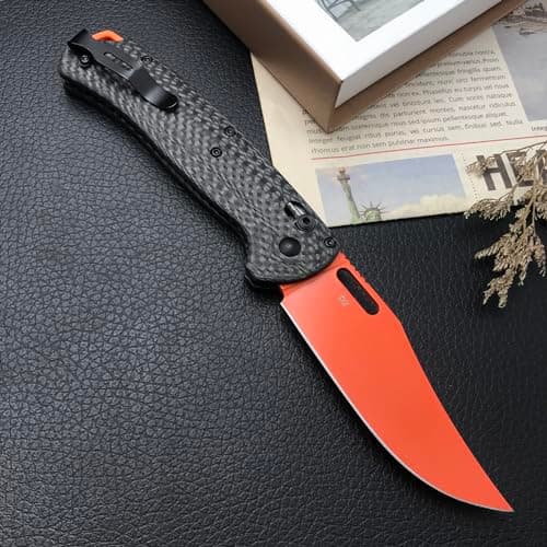 8-Inch Folding Pocket Bugout Knife for Outdoor Camping - Orange D2 Blade, Carbon Fiber Handle