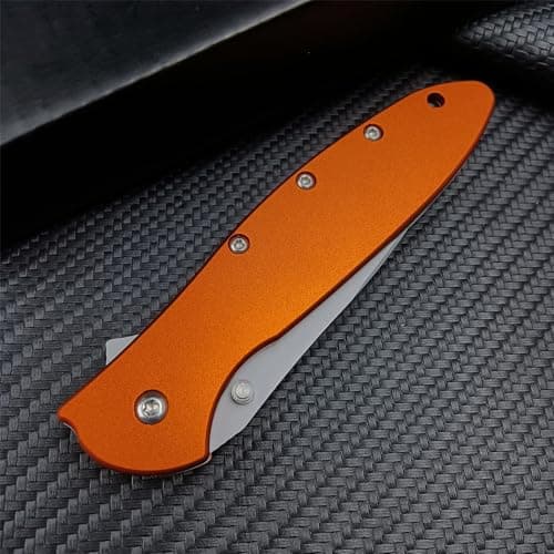 HUAAO 7in Flipper Pocket Knife, Stainless Steel Handle, Orange Clip Carry Knife