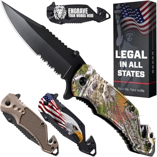 Legal Pocket Knife with Serrated Blade - EDC Folding Knife - Glass Breaker, Seat Belt Cutter - Gifts for Men — 7. Camo