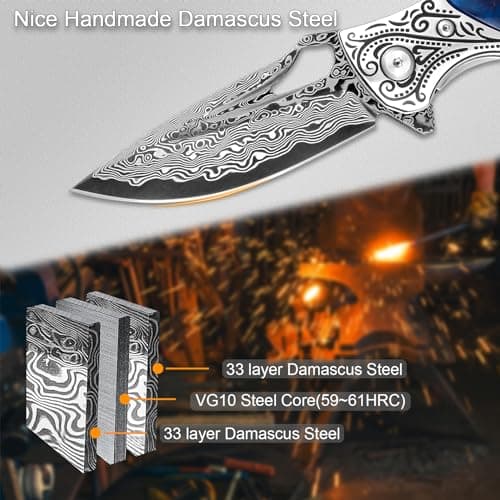 VNLA Damascus Folding Pocket Knife: Resin Maple Leaf Handle, Leather Case, Hiking EDC