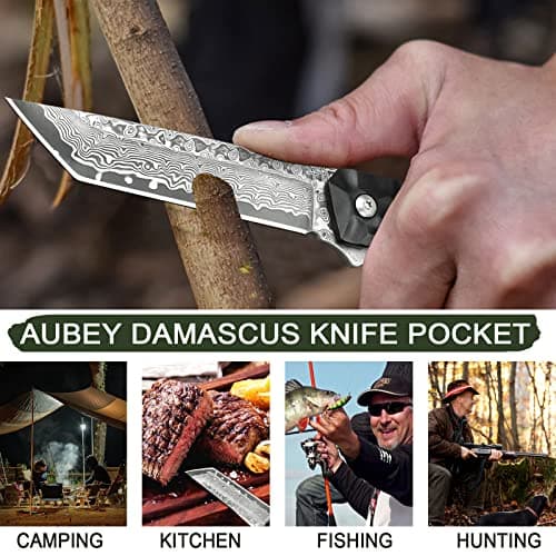 AUBEY Damascus Pocket Knife, Tanto VG10 Core Steel Folding Knife with Ball Bearing and Glass Breaker, EDC Damascus Knife for Men and Women