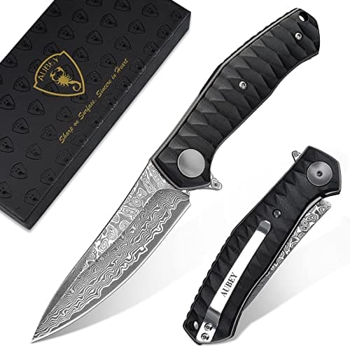 AUBEY Damascus Pocket Knife with Clip, Ball Bearing Blade, Wooden Handle (EDC) — B-Aluminum Handle