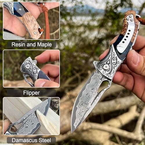 VNLA Damascus Folding Pocket Knife: Resin Maple Leaf Handle, Leather Case, Hiking EDC