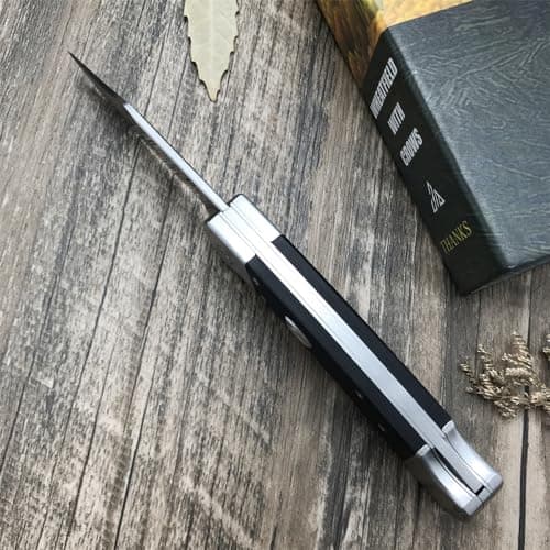 Push Button Folding Knife, 440C Steel, Backlock, G10 Handle, Leather Sheath, EDC for Men (Black)