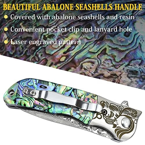 AUBEY Damascus Pocket Knife with Abalone Handle, Leather Sheath, Ideal for Everyday Carry