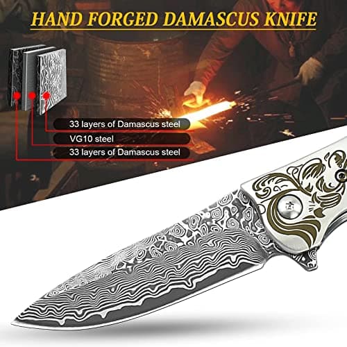 AUBEY Damascus Pocket Knife with Abalone Handle, Leather Sheath, Ideal for Everyday Carry