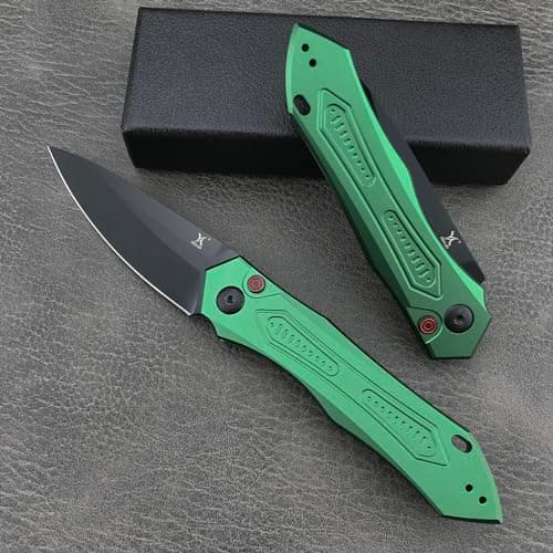 EDC Folding Knife for Men, Button Lock, 3.35in 9Cr18MoV Steel, Green Aluminum Handle, Sharp Camping Knife (Green)