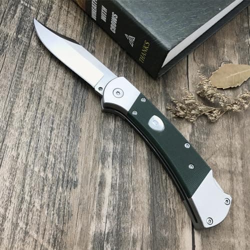 Push Button Assisted Folding Knife with 440C Steel Blade and G10 Handle, Includes Leather Sheath - EDC Knife for Men (Green)