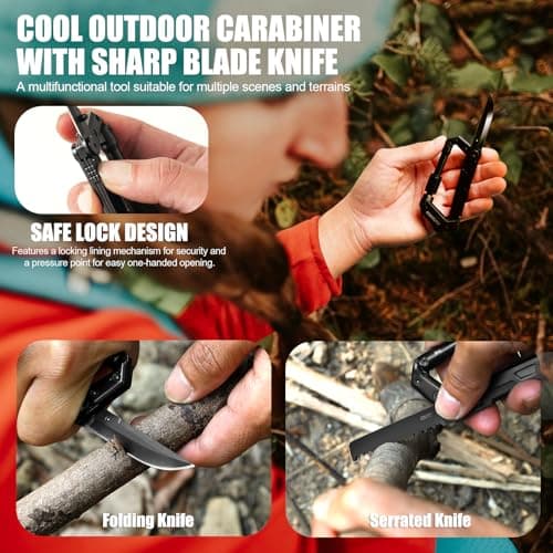 8-in-1 Carabiner Multitool EDC, Serrated Knife, Rope Cutter, Gifts for Men and Women (Black)
