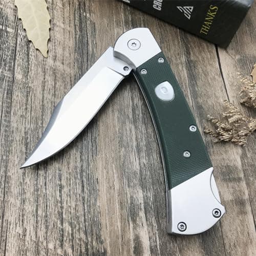 Push Button Assisted Folding Knife with 440C Steel Blade and G10 Handle, Includes Leather Sheath - EDC Knife for Men (Green)